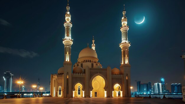 La imagen es una vista nocturna de una mezquita con una hermosa media luna en el fondo