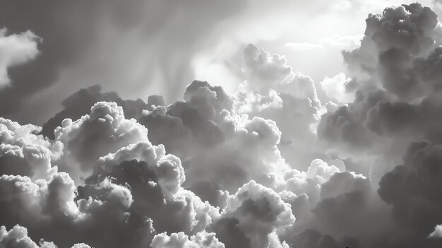 Una imagen en escala de gris del paisaje nublado Las nubes son suaves y esponjosas y parecen estar iluminadas por el sol