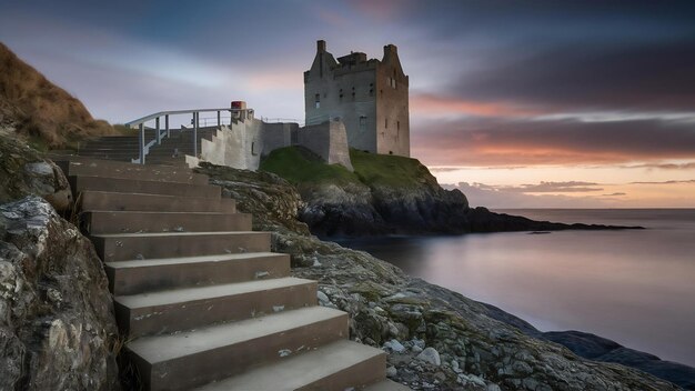 Imagen de escaleras de hormigón contra el castillo de Dunnottar en Stonehaven, Reino Unido