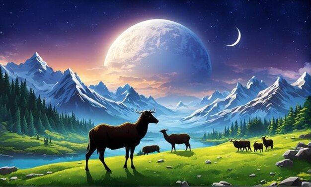 una imagen de una escena de montaña con animales y una luna en el fondo