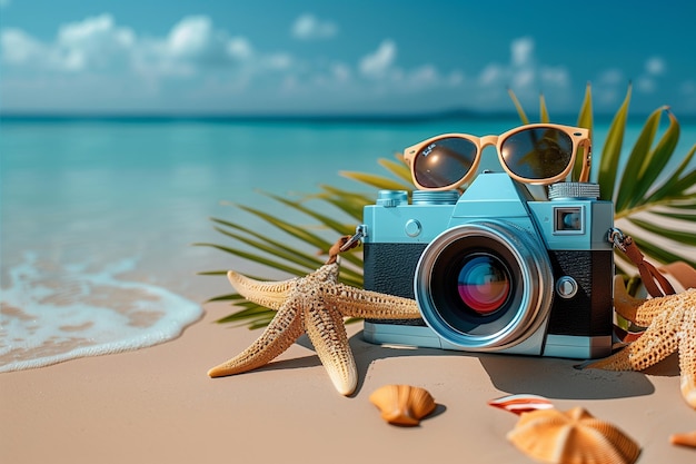 Foto una imagen de una escena de playa con una cámara y gafas de sol