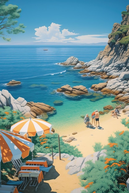 una imagen de una escena de playa con una escena de praia y un paraguas de playa