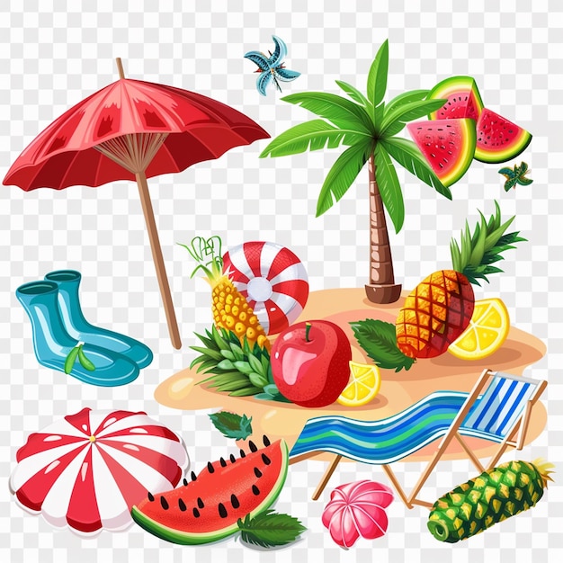 una imagen de una escena de la playa con frutas sandía y paraguas