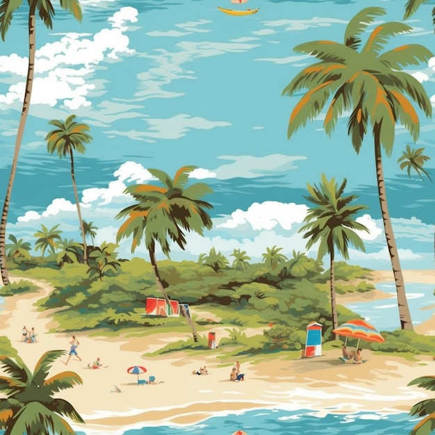 Una imagen de una escena de playa con palmeras y personas generativas ai