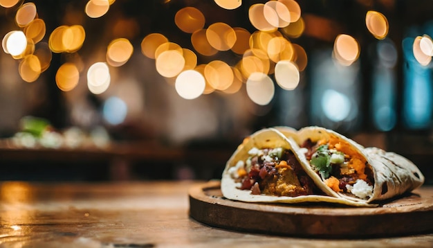 Imagen espacial de burritos envueltos en filetes de pollo a la parrilla, pepinillos, tomates y queso en el fondo de la calle Bokeh de la noche