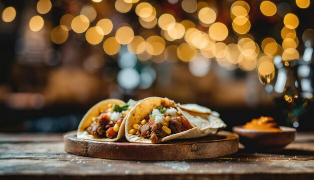 Imagen espacial de burritos envueltos en filetes de pollo a la parrilla, pepinillos, tomates y queso en el fondo de la calle Bokeh de la noche