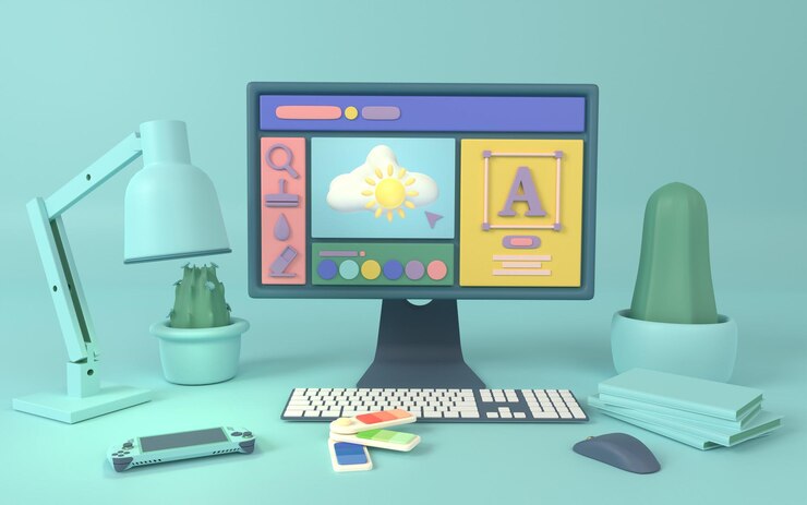 Foto imagen de un espacio de trabajo con un monitor de computadora en una mesa que muestra un programa de edición gráfica