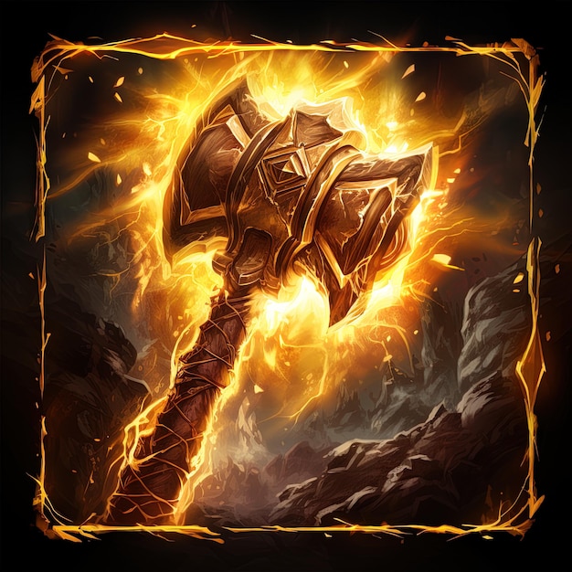 una imagen de una espada con llamas y una bola de fuego en ella