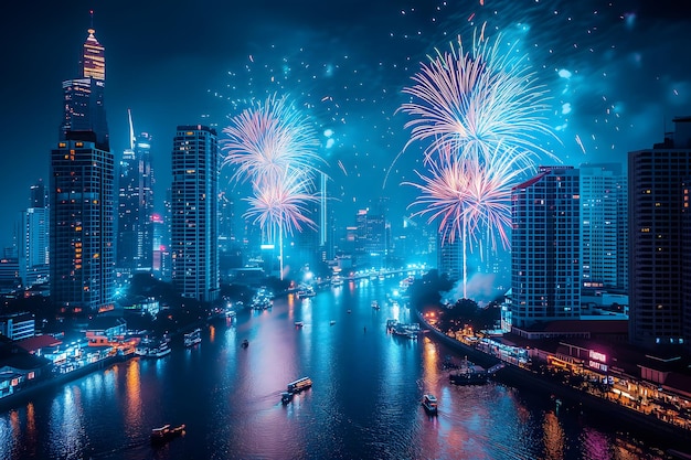 Una imagen espectacular de fuegos artificiales iluminando el cielo nocturno sobre una ciudad