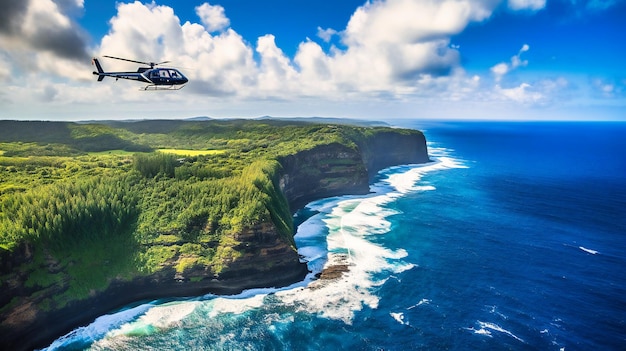 Una imagen espectacular de un recorrido en helicóptero de alta gama que ofrece una perspectiva emocionante y única de una costa escénica