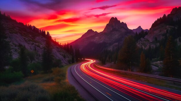 Una imagen espectacular del tráfico de la carretera de verano en medio de una fascinante puesta de sol de montaña que evoca una sensación de tranquilidad y exploración.