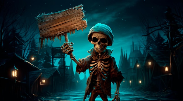 imagen de un esqueleto sosteniendo un cartel por la noche al estilo de escenas misteriosas