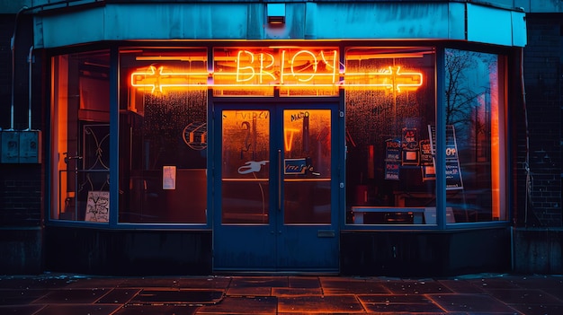 La imagen está ambientada en una noche lluviosa El letrero de neón de un bar llamado BRION se refleja en el pavimento mojado