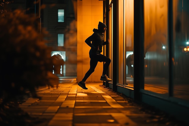 Foto imagen estática del cuerpo corriendo por la noche