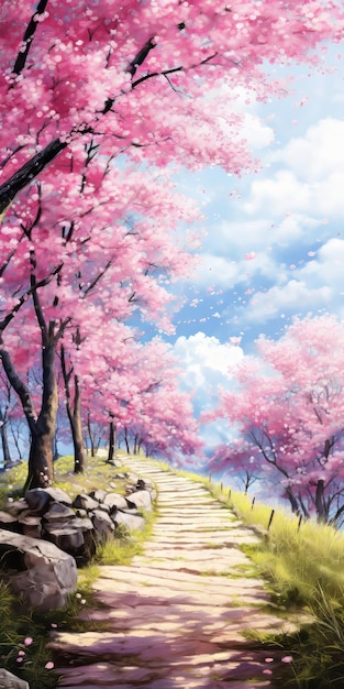 Imagen de estilo acuarela hiperrealista de Cherry Blossom Trail