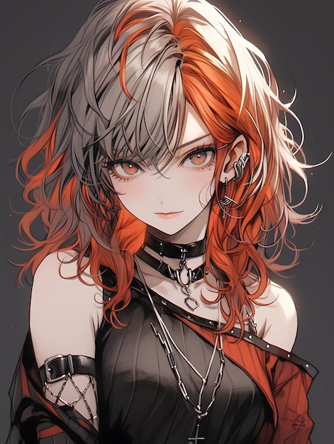 Una imagen de estilo anime de una chica con cabello rojo oscuro y blanco, vestido negro, naranja oscuro y esmeralda oscuro.