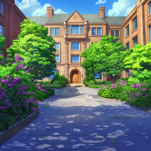 imagen de estilo anime de un edificio con un patio y árboles generativo ai