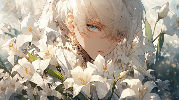 imagen de estilo anime de una mujer con cabello blanco y ojos azules rodeada de flores blancas