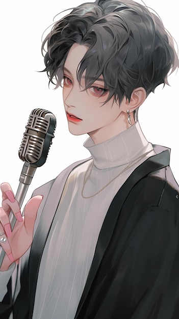imagen de estilo anime de una mujer con un micrófono y con un traje blanco y negro generativo ai