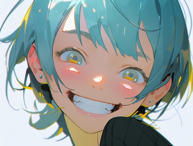 imagen de estilo anime de una mujer sonriente con cabello azul y piercings generativa ai