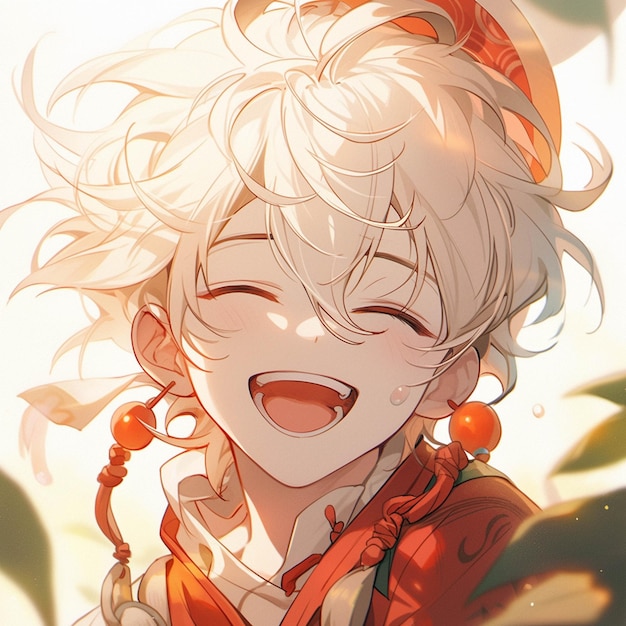 Imagen de estilo anime de una mujer sonriente con cabello blanco y vestido rojo generativo ai