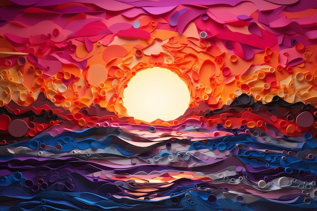 Una imagen de estilo de arte en papel de una puesta de sol sobre el océano