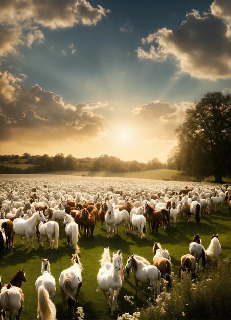 Imagen de estilo cine de una granja celestial llena de Pegaso la mayoría son blancos radiantes