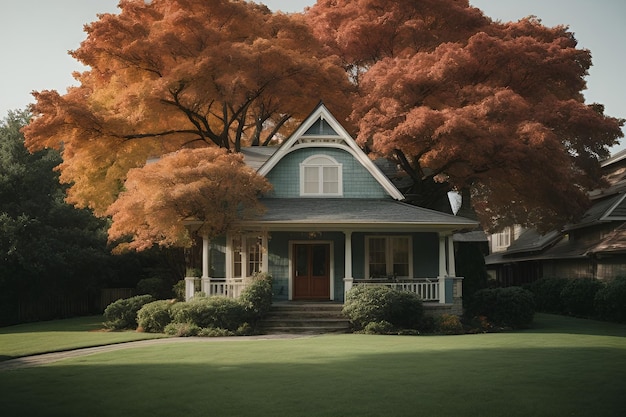 Imagen de estilo retro de una hermosa casa en el otoño con un arce