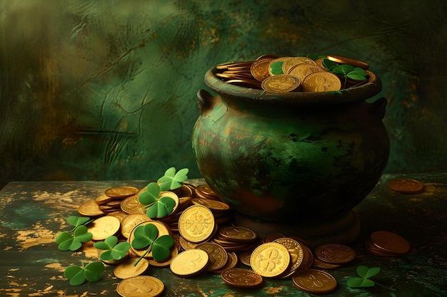 Imagen de estilo vintage de una olla de monedas de oro con monedas esparcidas y tréboles concepto de tesoro iluminación de humor oscuro mejora la sensación mágica AI
