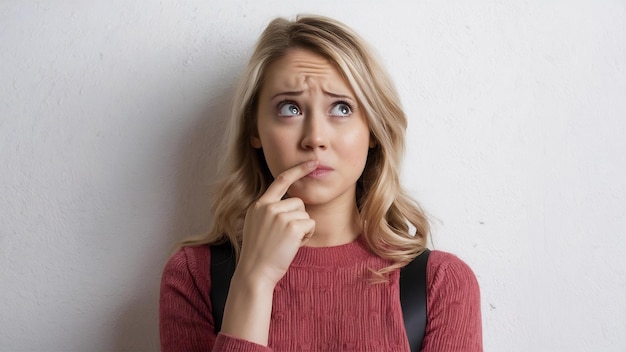 Imagen de una estudiante nerviosista, una mujer rubia, mordiendo un dedo y mirando hacia arriba con una mirada preocupada y reflexiva.