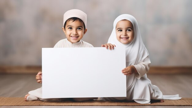 Foto imagen de estudio de dos niños musulmanes sosteniendo una pancarta en blanco para el ramadán ia generativa