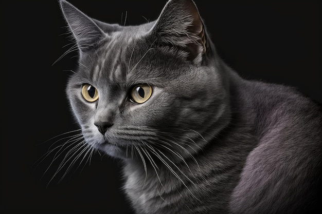 Imagen de estudio de un gato gris con un fondo oscuro