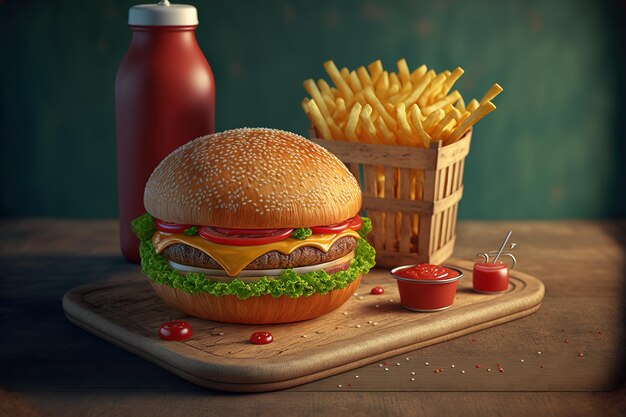 Imagen de estudio de una hamburguesa alta sobre una superficie de madera con un tazón de ketchup y papas fritas en una pequeña canasta de papas fritas