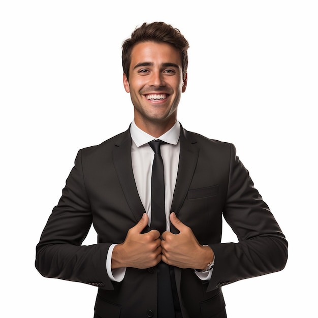 Imagen de estudio de un joven empresario sonriente con traje negro y corbata azul corbata con brazos cruzados aislado aislado sobre fondo blanco Hombre de negocios en el estudio