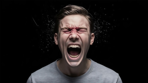 Imagen de estudio de un joven experimentando angustia mental y gritando contra un fondo negro