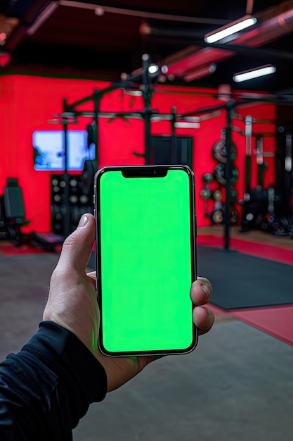 Una imagen de estudio de una mano sosteniendo un teléfono móvil con un gimnasio de levantamiento de pesas en el fondo la pantalla del teléfono móvil es verde y está frente a la cámara ar 23 v 6 Job ID 7e0add3f2d61465582f2151b48293d1e