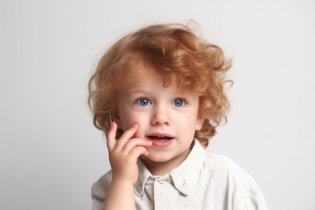 Imagen de estudio de un niño que finge estar en el teléfono creada con IA generativa