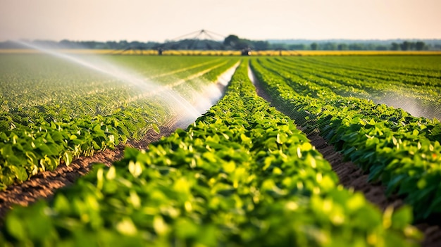 Una imagen evocadora de un sistema de riego eficiente que nutre un campo agrícola de soja