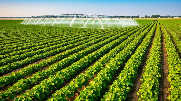 Una imagen evocadora de un sistema de riego eficiente que nutre un campo agrícola de soja