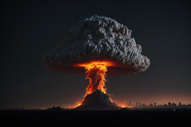 Una imagen de una explosión nuclear con una ciudad al fondo.