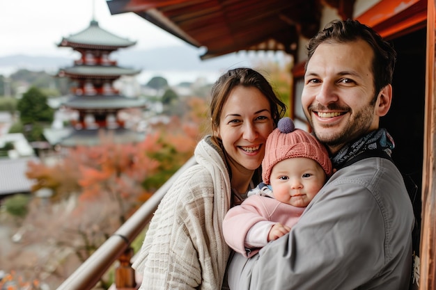 Foto una imagen de una familia caucásica satisfecha visitando japón generative ai