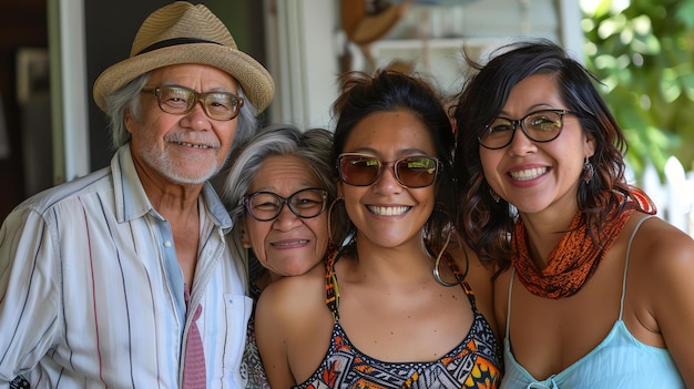 Foto una imagen de una familia feliz de cuatro abuelos con sus dos nietas los abuelos están sonriendo y las nietas están riendo