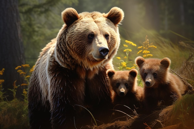 Imagen de una familia de lindos osos en el bosque Animales salvajes Ilustración Generativa AI