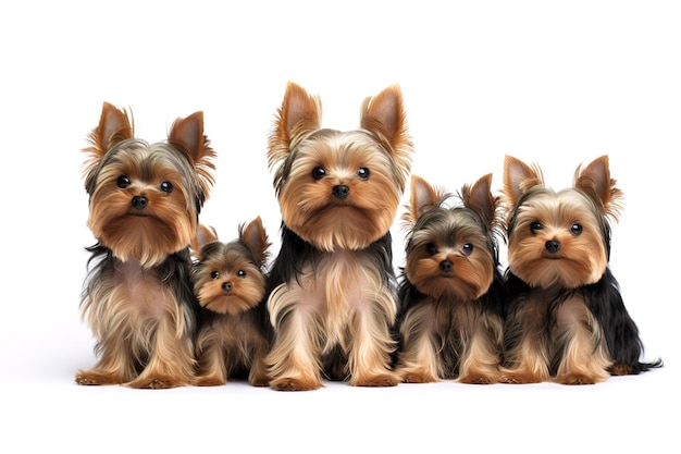 Imagen de una familia de perros Yorkshire Terrier sobre un fondo blanco Animales de compañía Ilustración IA generativa