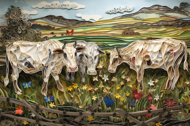 Imagen de una familia de vacas en estilo papel quilling arte hermosos colores tipo bajo relieve Vida Silvestre Animales Ilustración generativa AI