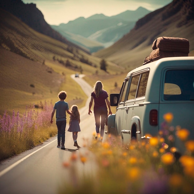 imagen de una familia en un viaje por carretera