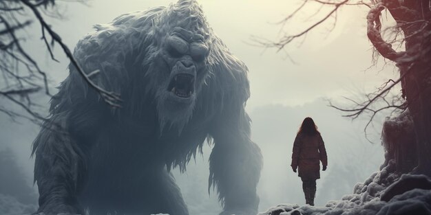 Imagen de fantasía de una criatura yeti en el bosque nevado