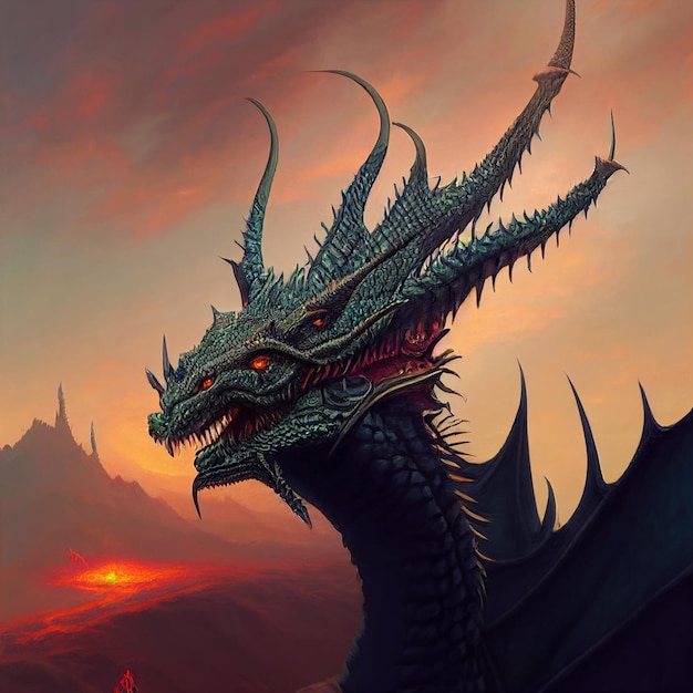 Imagen de fantasía de la ilustración de un dragón aterrador