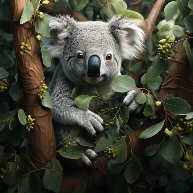 Imagen de la fantasía del lindo koala en un árbol Animales silvestres Ilustración Generativa AI