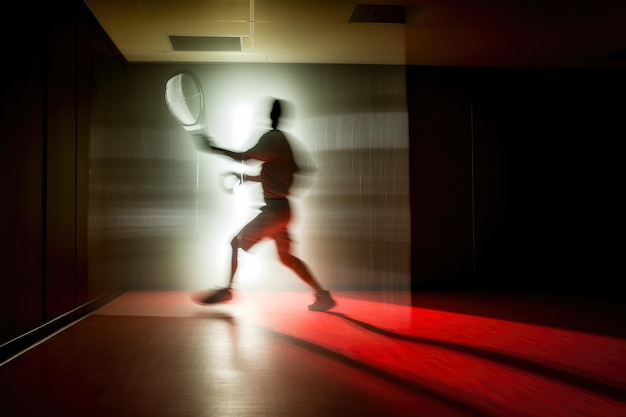 Una imagen fantasmal de un jugador de raquetbol en acción creada utilizando fotografía de larga exposición